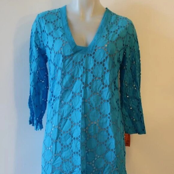 NWT Womens Jordan Taylor Aqua Blue Semi-Sheer V-Neck Swim Cover-Up Tunic Top M * - Picture 2 of 9